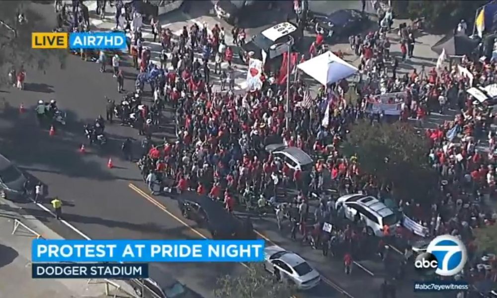 Catholic and other religious protesters gather at Dodger Stadium